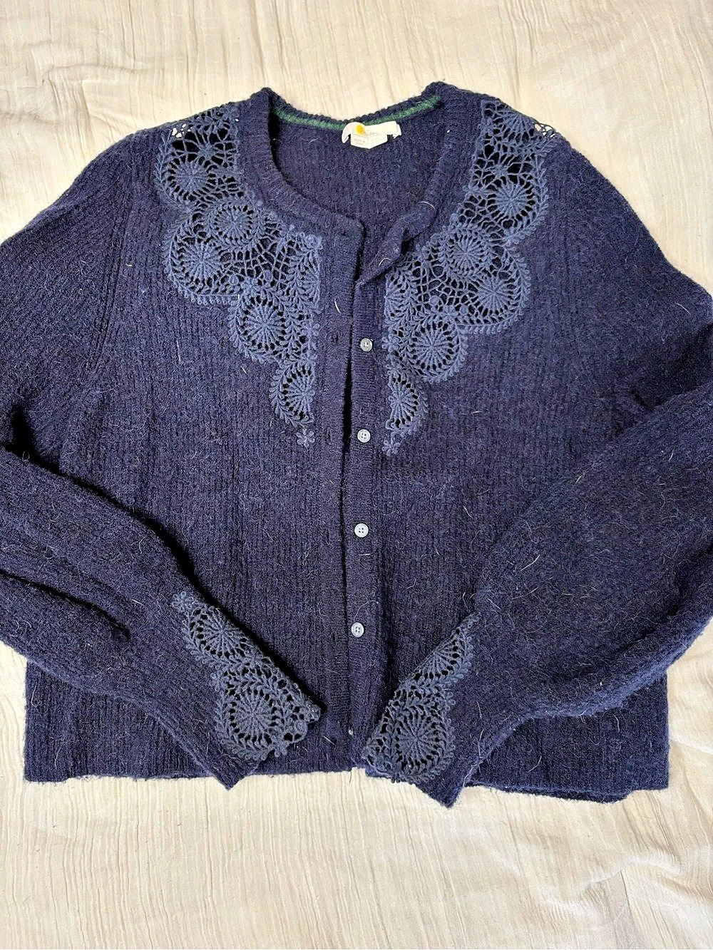Boden Button Front Lace Cardigan in Navy Blue Size 16/18